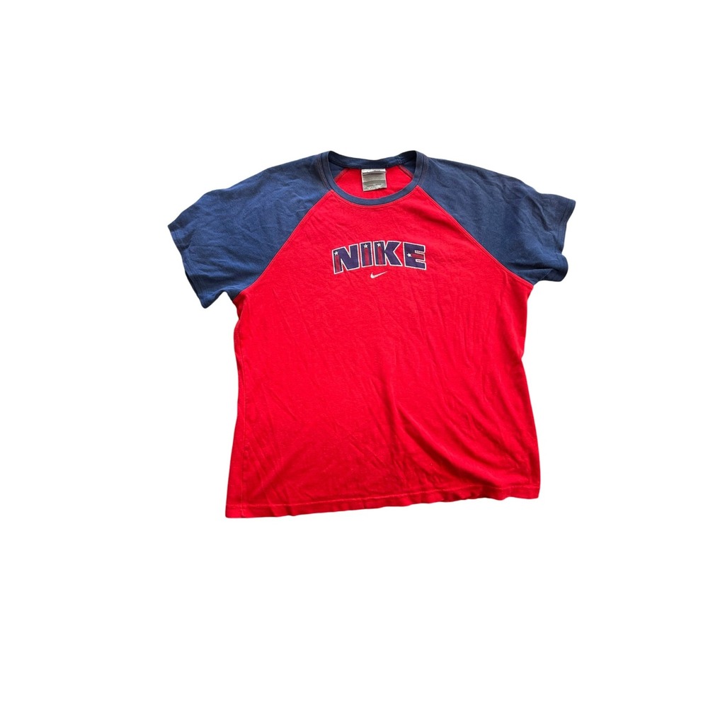 Vintage 1990's Nike T Shirt Mens XL Red Blue Spell Out Logo USA Stars Vintage
